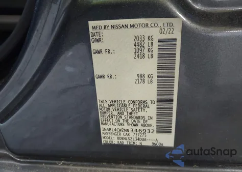 2022 Nissan Altima Sr Intelligent Awd из США, поврежденный, VIN 1N4BL4CW2NN346932